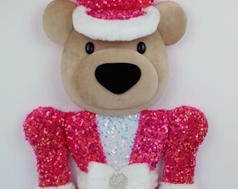 Ready to Ship - XL Pretty in Pink Sequined Bear Nutcracker Wreath Attachment - Handmade Bear Nutcracker - Christmas Nutcracker Bear