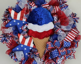 Patriotic Wreath with Ice Cream Cone. Memorial Day Wreath. Red White and Blue Wreath. Memorial Day Wreath. Independence Day Wreath.