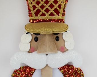 Ready to Ship.   Sequined Nutcracker Wreath Attachment – Red Velvet with Green/Orange Sequins -  Handmade Holiday Decor.