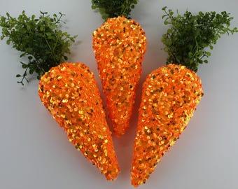 Three chunky sparkling neon orange carrots - Hand Made - Easter Decor - Wreath Attachment