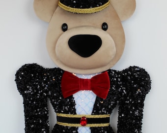XL Sequined Bear Nutcracker Wreath Attachment - Handmade Bear Nutcracker - Christmas Nutcracker Bear