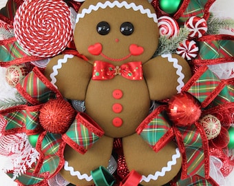 Gingerbread Wreath, Designer Ribbons, Traditional Red and Green Christmas Wreath, Christmas Gingerbread Wreath