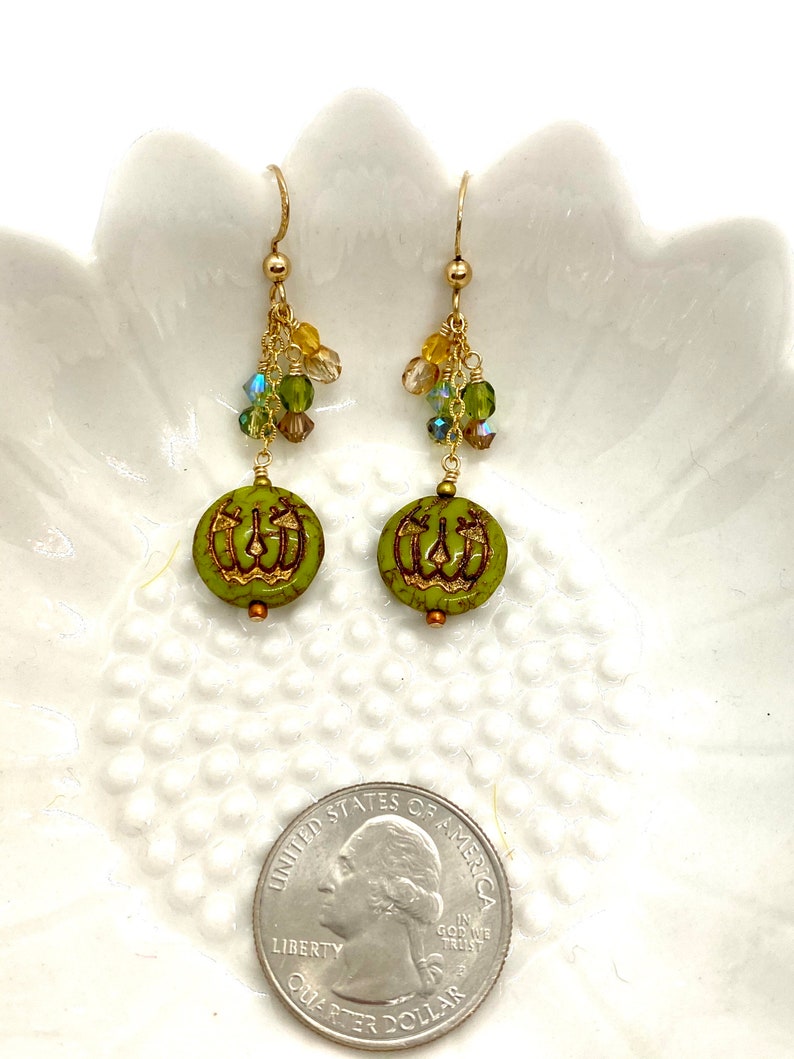 Halloween earrings, green Jack o lantern, gold filled earrings, green pumpkins, gold filled crystals, Czech glass earrings, green jack o lan image 10