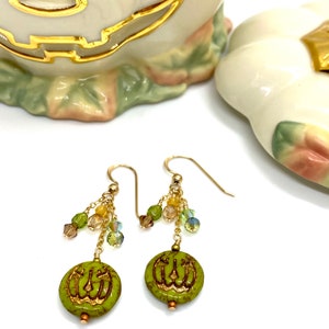 Halloween earrings, green Jack o lantern, gold filled earrings, green pumpkins, gold filled crystals, Czech glass earrings, green jack o lan image 9