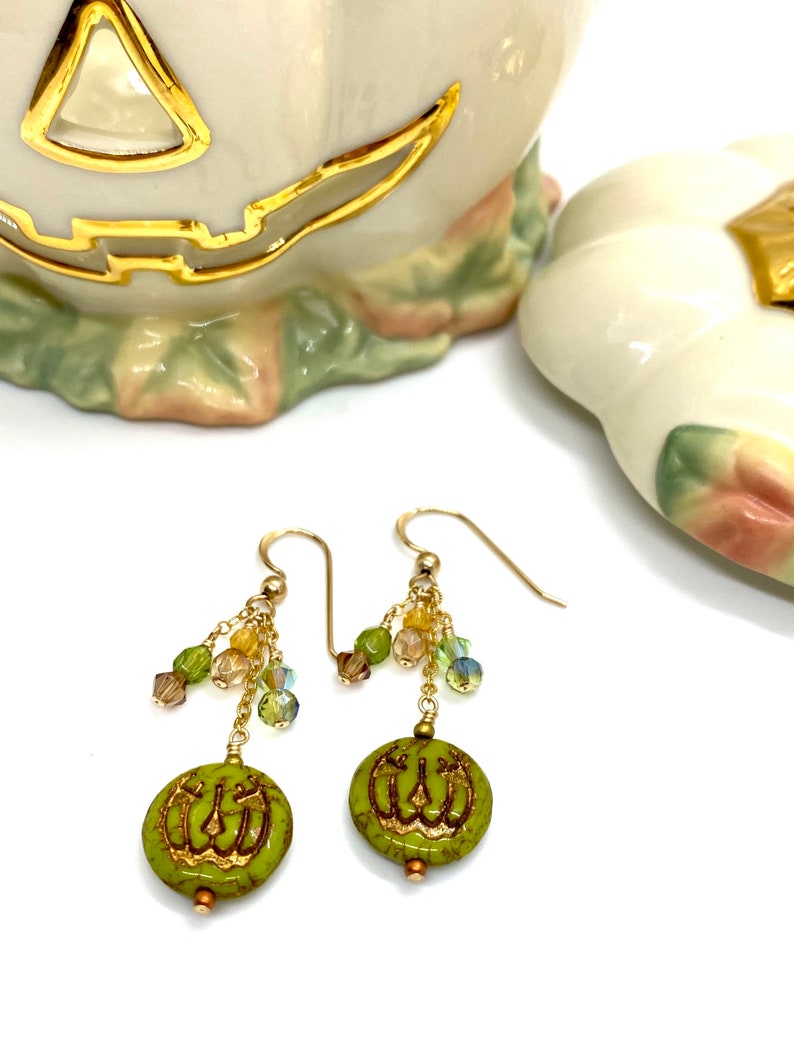 Halloween earrings, green Jack o lantern, gold filled earrings, green pumpkins, gold filled crystals, Czech glass earrings, green jack o lan image 9