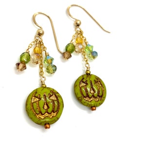 Halloween earrings, green Jack o lantern, gold filled earrings, green pumpkins, gold filled crystals, Czech glass earrings, green jack o lan image 1