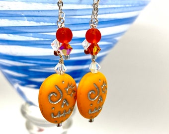 Day of the Dead earrings, Sugar Skull earrings, Halloween earrings, Czech glass earrings, orange and silver earrings