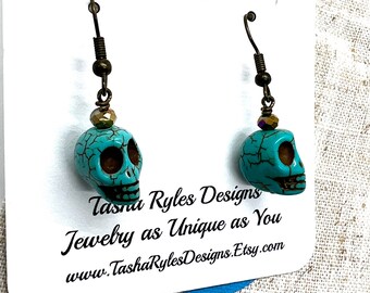 Turquoise Teal Skull Earrings, Halloween Earrings, Day of the Dead Earrings, Gifts for Her Coworker Mother Sister under 30