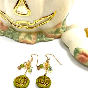 Halloween earrings, green Jack o lantern, gold filled earrings, green pumpkins, gold filled crystals, Czech glass earrings, green jack o lan image 3