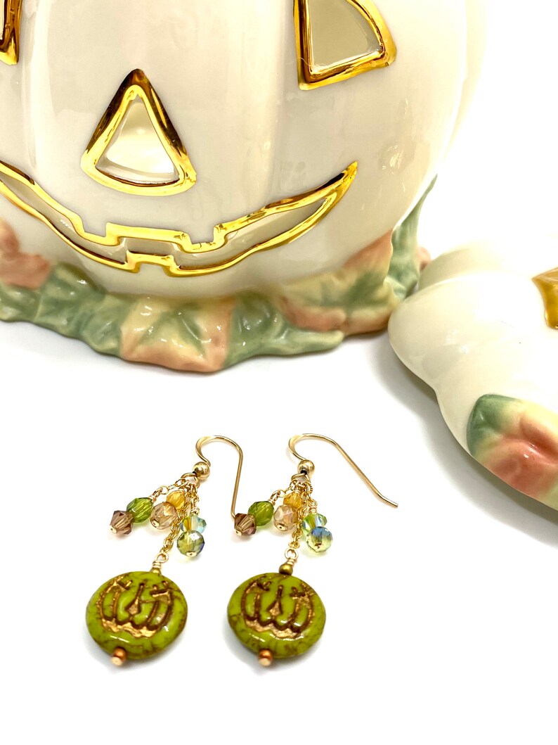 Halloween earrings, green Jack o lantern, gold filled earrings, green pumpkins, gold filled crystals, Czech glass earrings, green jack o lan image 3