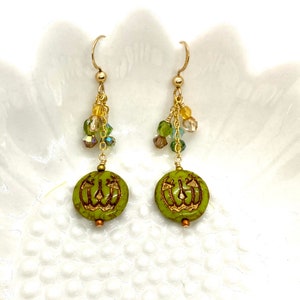 Halloween earrings, green Jack o lantern, gold filled earrings, green pumpkins, gold filled crystals, Czech glass earrings, green jack o lan image 5