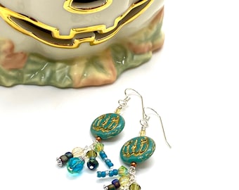 Teal jack o lantern earrings, blue green pumpkins, glass pumpkin earrings, sterling silver earrings, Halloween earrings
