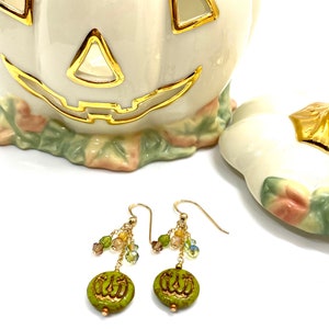 Halloween earrings, green Jack o lantern, gold filled earrings, green pumpkins, gold filled crystals, Czech glass earrings, green jack o lan image 7