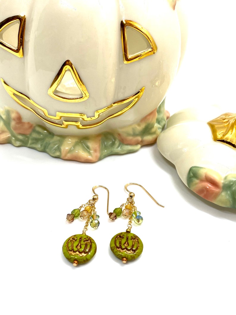 Halloween earrings, green Jack o lantern, gold filled earrings, green pumpkins, gold filled crystals, Czech glass earrings, green jack o lan image 7