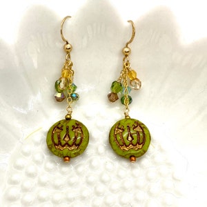 Halloween earrings, green Jack o lantern, gold filled earrings, green pumpkins, gold filled crystals, Czech glass earrings, green jack o lan image 8