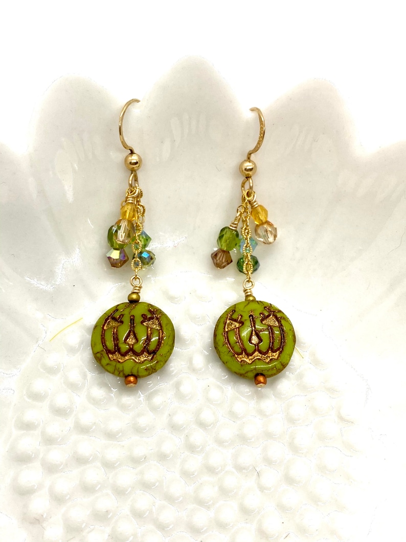 Halloween earrings, green Jack o lantern, gold filled earrings, green pumpkins, gold filled crystals, Czech glass earrings, green jack o lan image 8