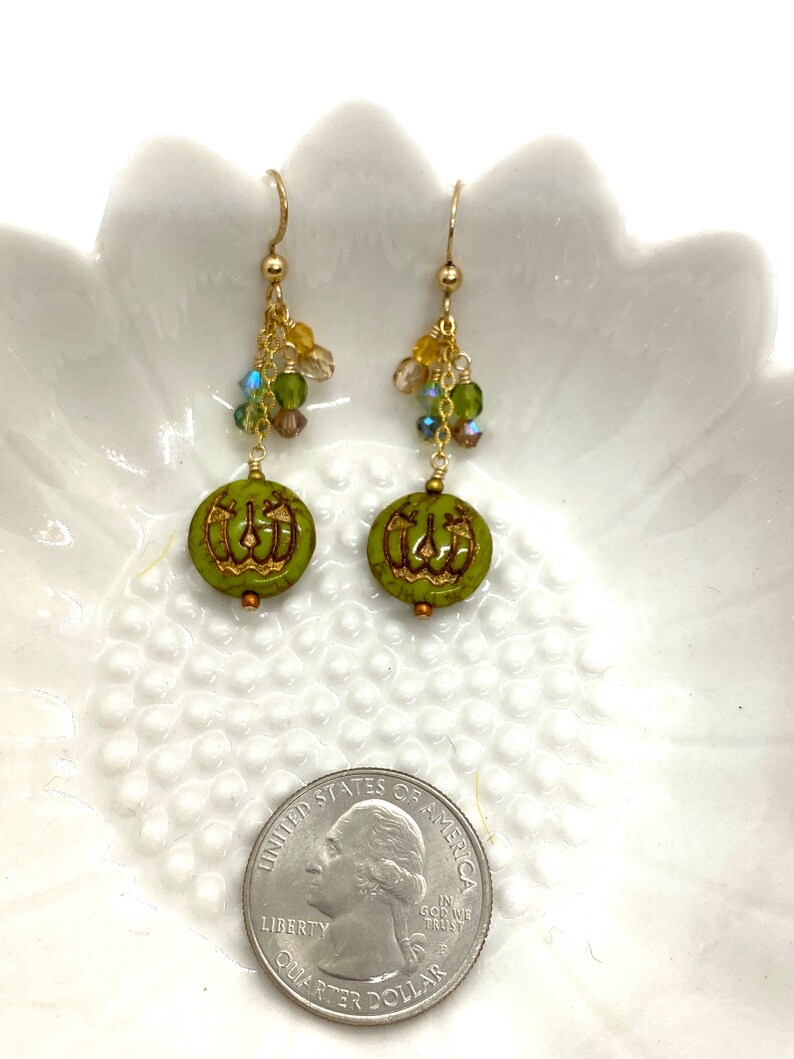 Halloween earrings, green Jack o lantern, gold filled earrings, green pumpkins, gold filled crystals, Czech glass earrings, green jack o lan image 4