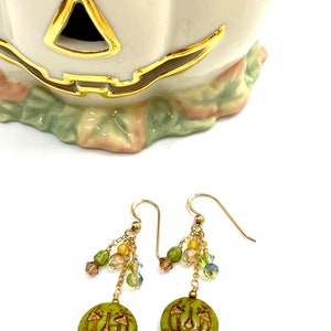 Halloween earrings, green Jack o lantern, gold filled earrings, green pumpkins, gold filled crystals, Czech glass earrings, green jack o lan image 2