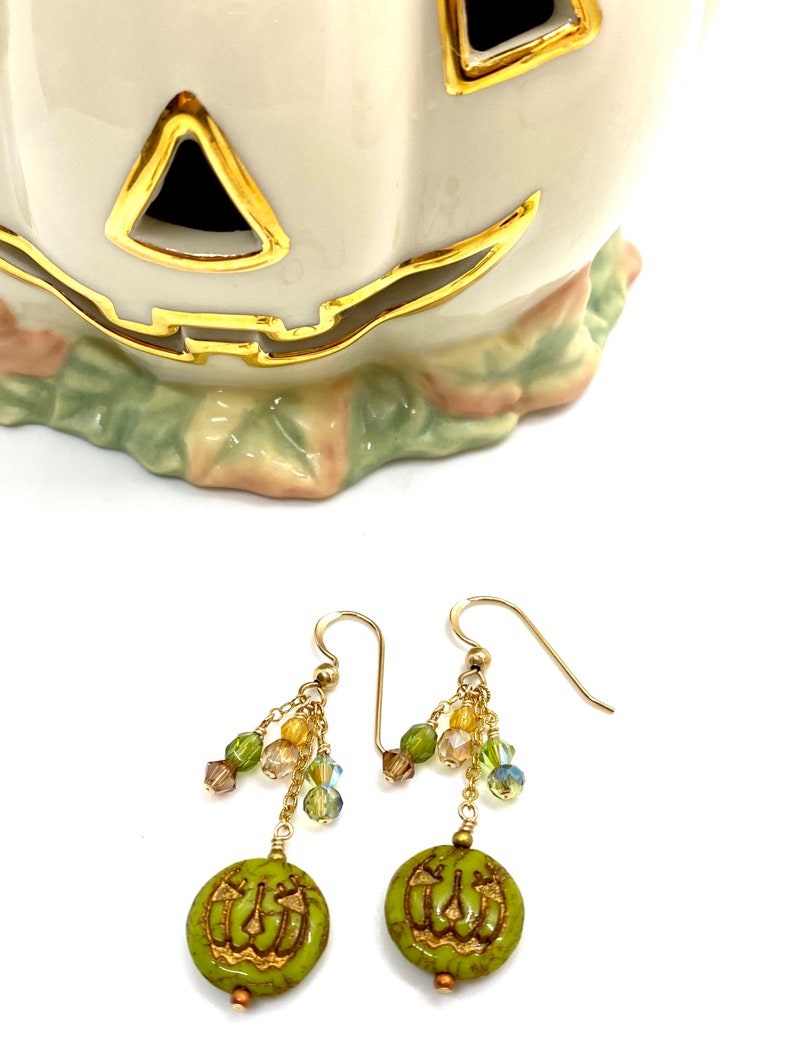 Halloween earrings, green Jack o lantern, gold filled earrings, green pumpkins, gold filled crystals, Czech glass earrings, green jack o lan image 2