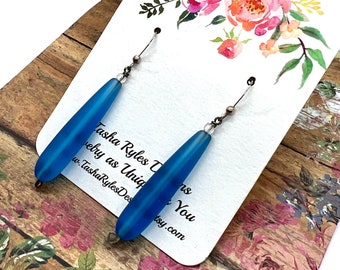 Blue sea glass dangles, sterling silver earrings, smooth tubular sea glass dangles