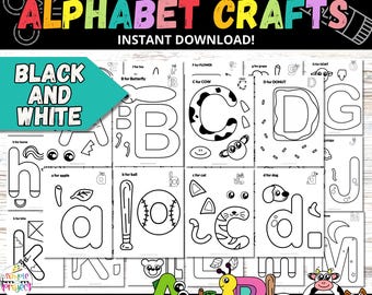 May include: Black and white printable alphabet crafts for children. Each letter is made up of different shapes to cut and paste. The letters are A, B, C, D, G, H, I, J, K, L, M, N, O, P, Q, R, S, T, U, V, W, X, Y, Z.  The crafts include a horse, butterfly, cow, doughnut, goat, apple, ball, cat, dog, fish, kite, and more.
