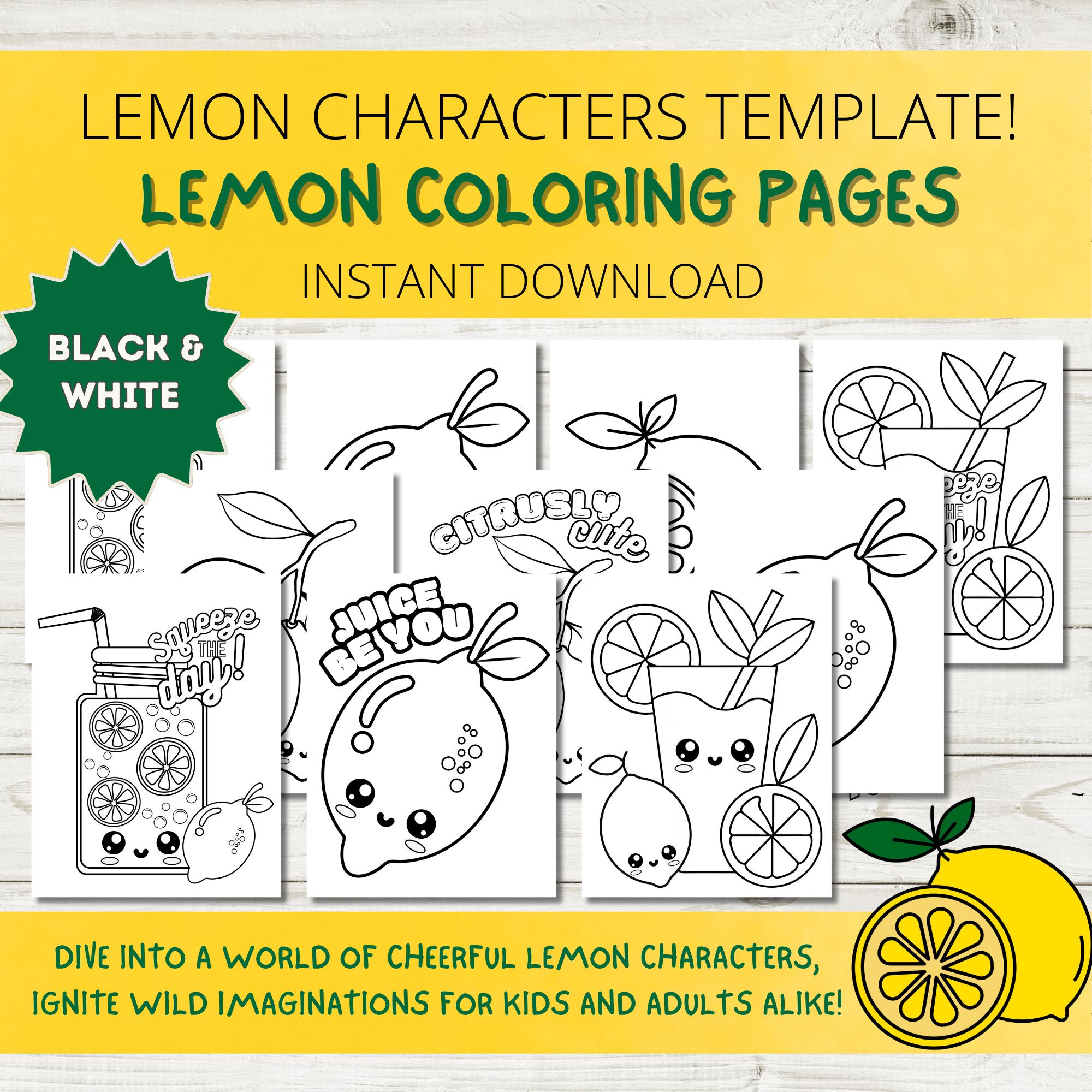 10 Adorable Lemon Coloring Pages | Lemon Worksheets | Fruit Activity | Fine Motor Skills | Kawaii Lemon Coloring Sheet