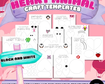 Heart Animal Crafts: zwart-wit afdrukbare sjablonen (pdf)