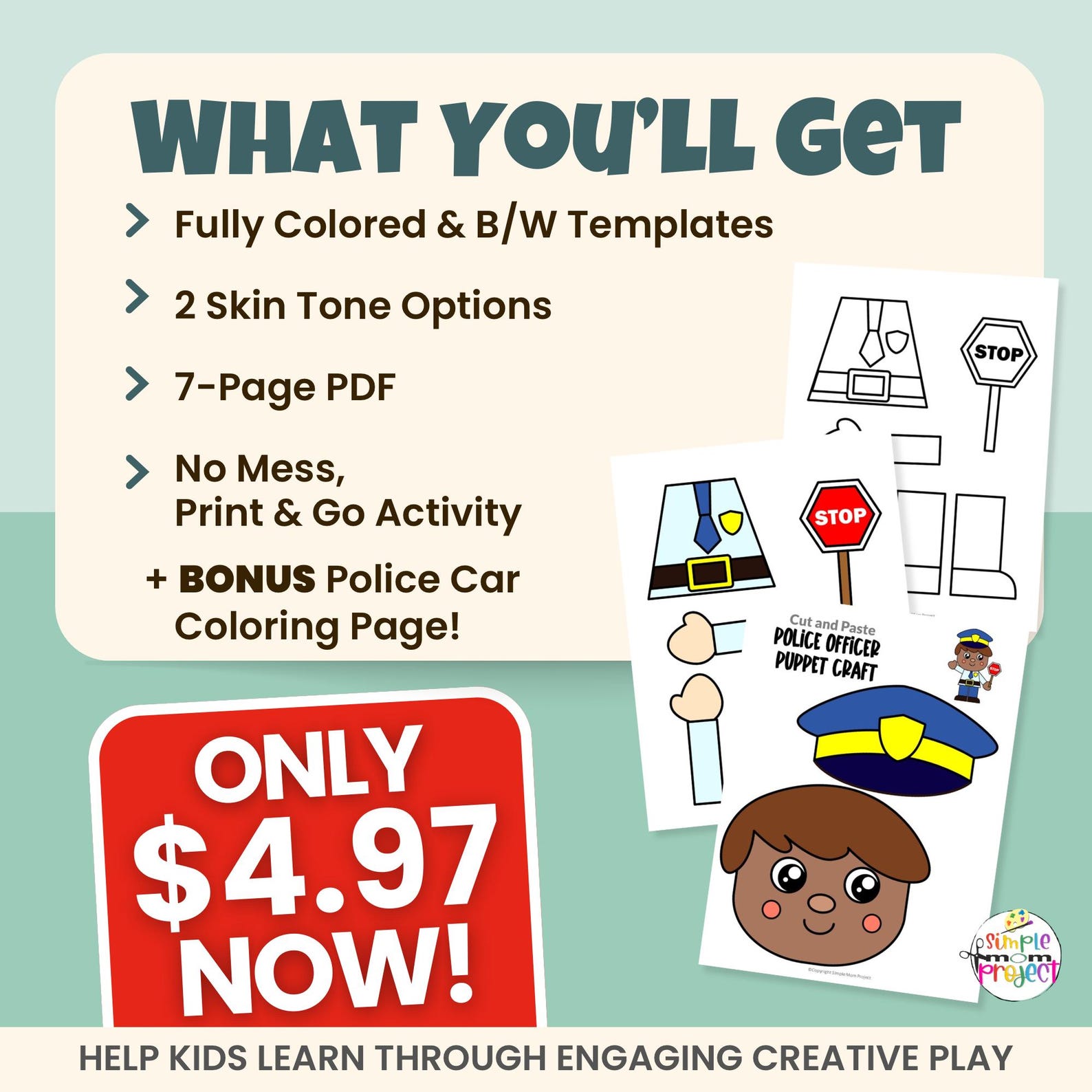 Police Officer Paper Bag Puppet Craft | Community Worker Printable ...