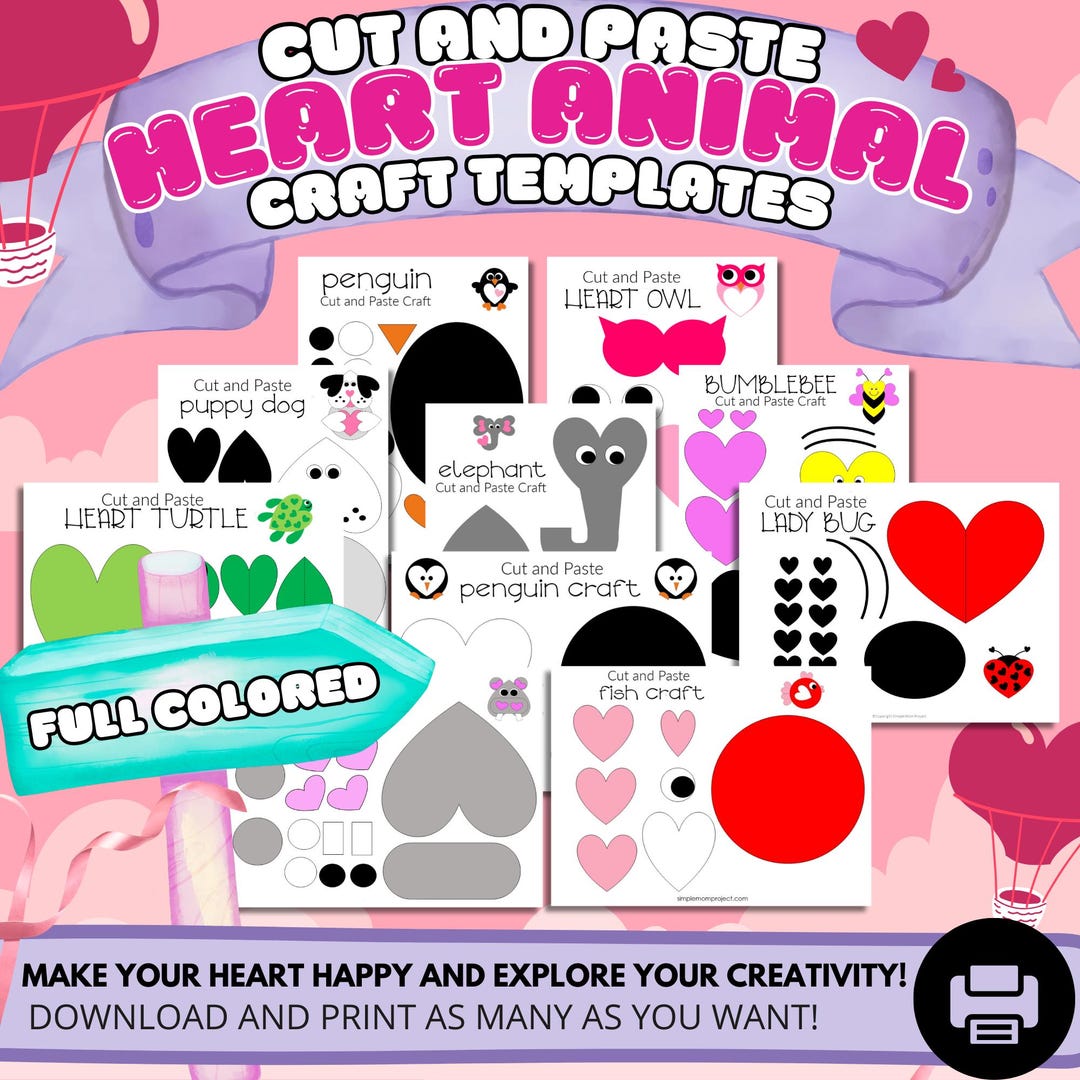 10 Full Colored Heart Animal Printable Crafts | Fun Heart Animal ...