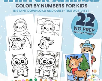 Animaux d'hiver couleur par numéro | 22 feuilles de travail imprimables pour les enfants (PDF)