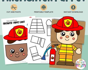Brandweerman papieren zak marionet knutselen | Afdrukbare gemeenschapswerker | Knip- en plakactiviteit (pdf)