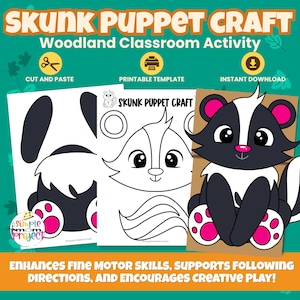 May include: A skunk puppet craft kit with the text "Skunk Puppet Craft" and "Woodland Classroom Activity". The kit includes a cut-and-paste template, a printable template, and an instant download option. The finished puppet is black, white, and pink.