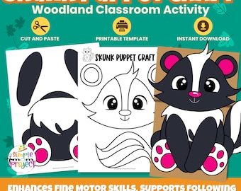 Manualidad de marioneta de zorrillo con bolsa de papel / Imprimible de animales del bosque / Actividad de recortar y pegar (PDF)