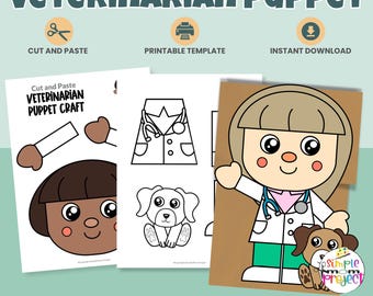 Manualidad de títere de veterinario con bolsa de papel / Trabajador comunitario imprimible / Actividad para recortar y pegar (PDF)