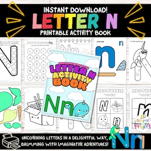 May include: A printable activity book for learning the letter N. The cover features a colorful illustration of a narwhal with the text "Simple Mom Project's Letter N Activity Book".