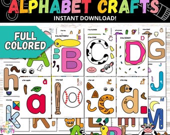 May include: A set of colourful alphabet crafts for children, with letters A to M. Each letter is paired with an image, like a butterfly for B and a donut for D. The text says "CUT AND PASTE! ALPHABET CRAFTS INSTANT DOWNLOAD!" and "FULL COLORED".