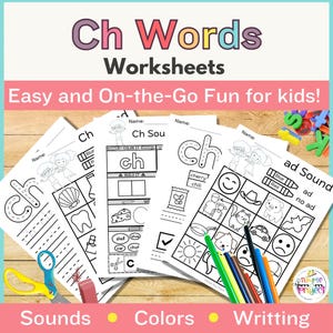 Könnte beinhalten: Eine Sammlung von Arbeitsblättern für Kinder mit dem Titel "Ch Words Worksheets". Die Arbeitsblätter enthalten Illustrationen und Aktivitäten, die sich auf Laute, Farben und Schreiben konzentrieren. Buntstifte, eine Schere und ein Radiergummi sind ebenfalls zu sehen.