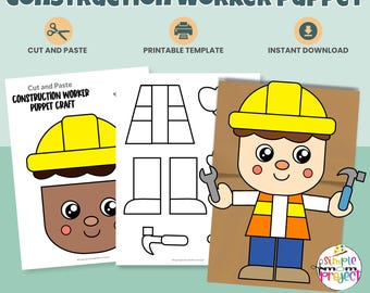 Bouwvakker papieren zak Marionet Craft | Afdrukbare gemeenschapswerker | Knip- en plakactiviteit (pdf)