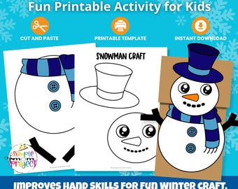 Marioneta de muñeco de nieve con bolsa de papel para imprimir / Manualidad infantil de invierno / Actividad de recortar y pegar (PDF)