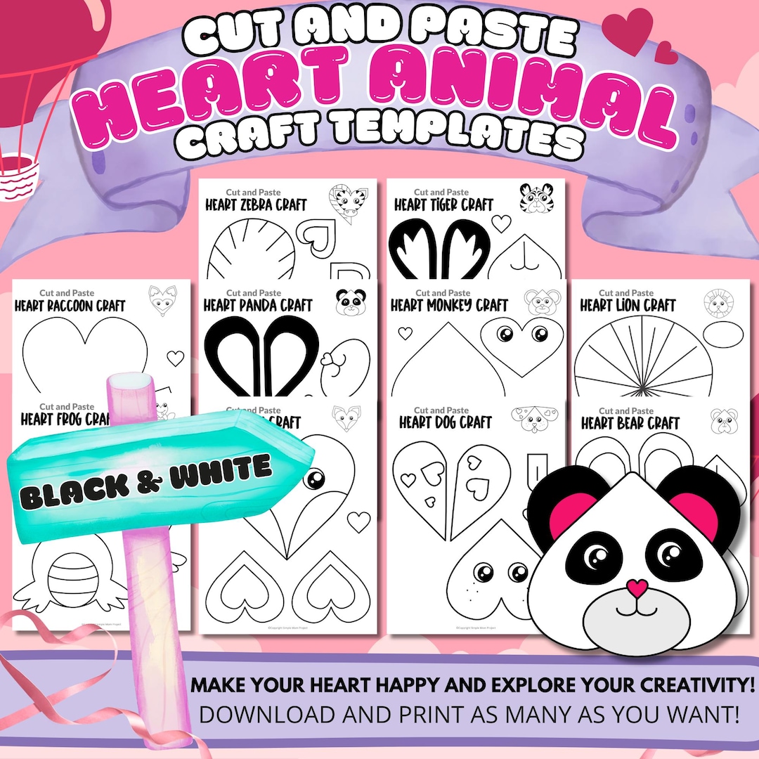 10 Black and White Heart Animal Printable Crafts | Fun Heart Animal ...