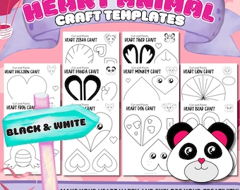 Heart Animal Crafts: zwart-wit afdrukbare sjablonen (digitale download)