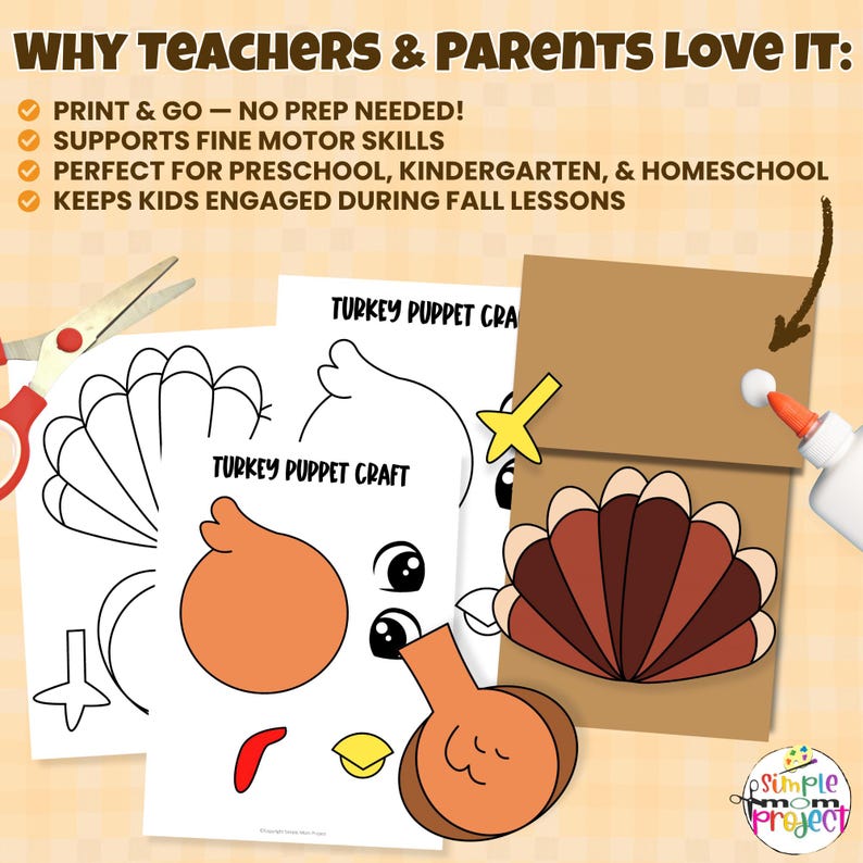 Turkey Paper Bag Puppet Craft | Cut and Paste Template (PDF) - Etsy
