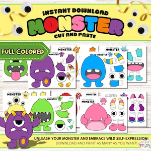May include: A printable set of six colorful monster cut and paste activity sheets. Each sheet features a different monster with various body parts to cut out and paste together. The text "INSTANT DOWNLOAD MONSTER CUT AND PASTE" is at the top of the image. The text "FULL COLORED" is at the bottom left of the image. The text "UNLEASH YOUR MONSTER AND EMBRACE WILD SELF-EXPRESSION! DOWNLOAD AND PRINT AS MANY AS YOU WANT!" is at the bottom of the image.