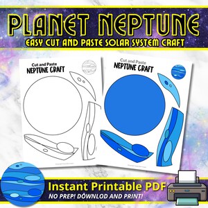 May include: A printable craft activity for kids to learn about the planet Neptune. The image shows a cut-out template of Neptune with blue and white rings. The text on the image reads "Planet Neptune Easy Cut and Paste Solar System Craft".