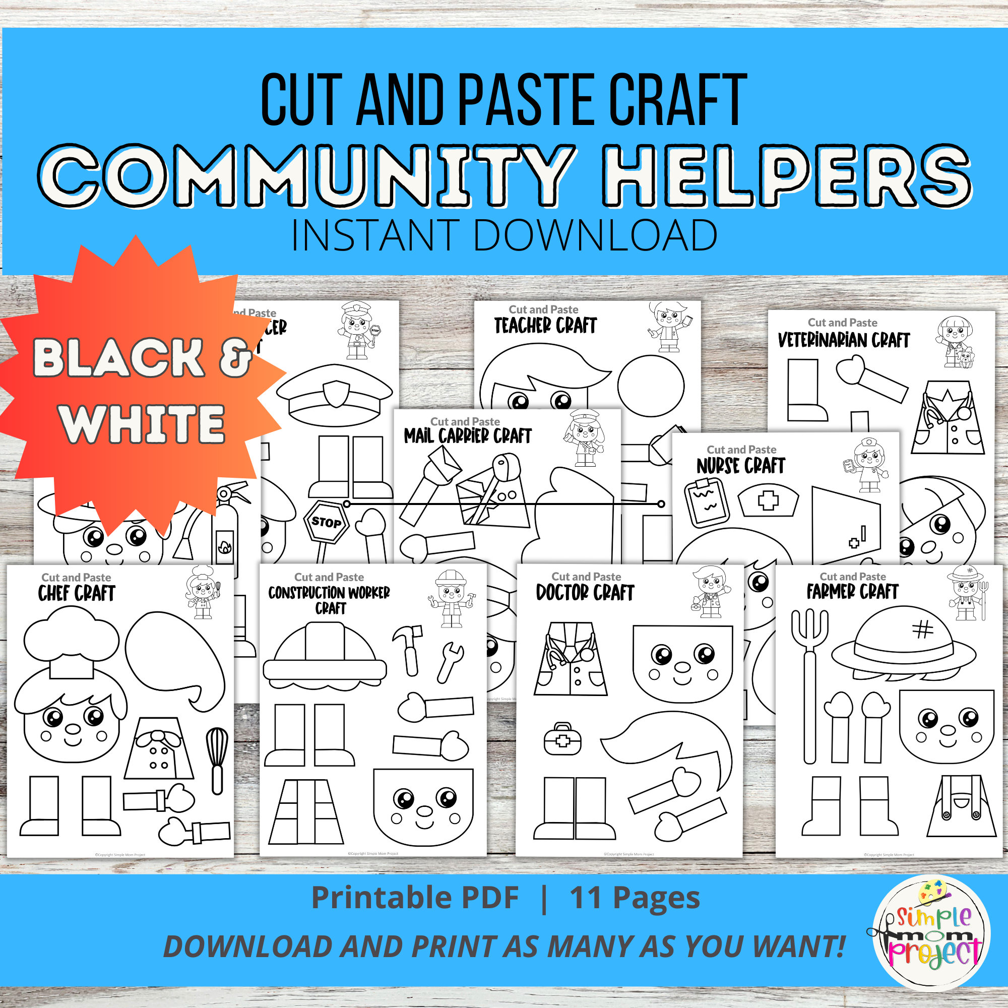 Community Helper Crafts: Cut & Paste Activity, Coloring Pages (PDF)