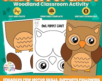 Eule Papiertüte Puppet Craft | Waldtier Printable | Ausschneiden und Einfügen Übung (PDF)