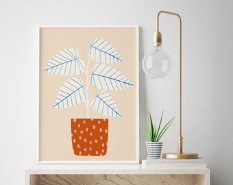Blue Lines Plant with Brick Red Pot - Art Print