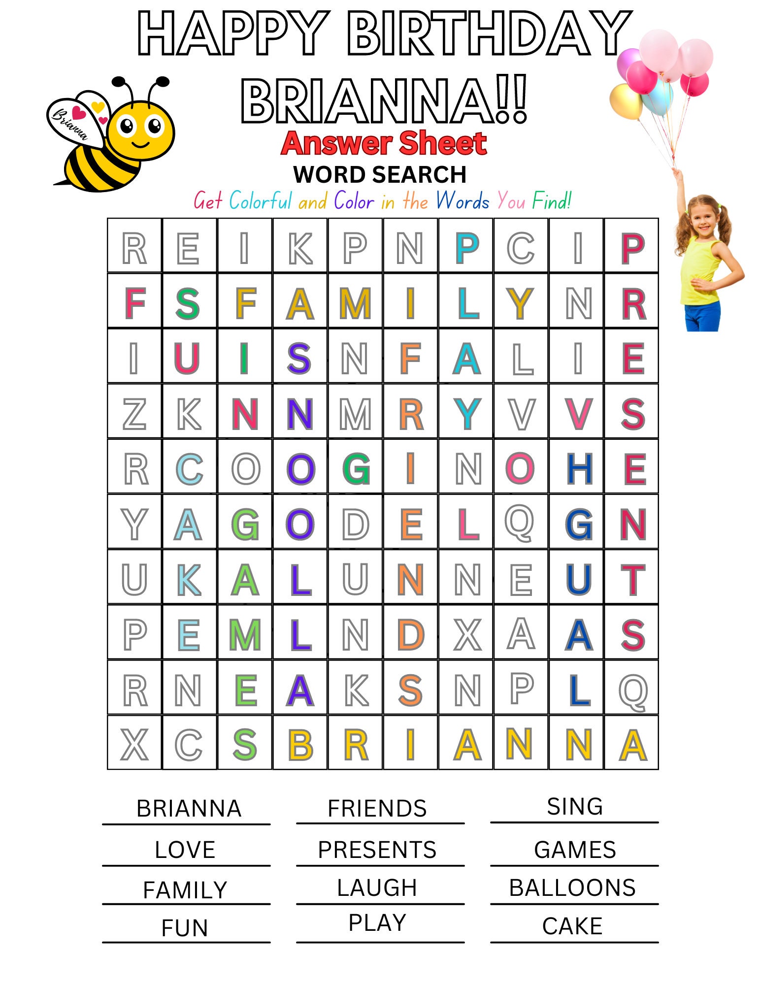 Personalized photo and Name Word Search Activity for Birthday. Childs