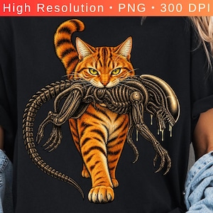 May include: A black t-shirt featuring a graphic illustration of an orange tabby cat walking forward while carrying a brown, skeletal, alien-like creature in its mouth. The cat has yellow eyes and a striped tail, while the creature has a long tail.