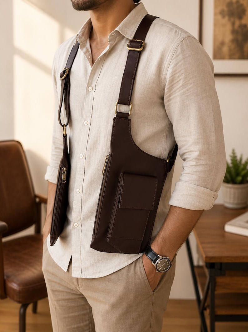 May include: A dark brown dual-pouch chest harness bag featuring adjustable straps with brass-toned metal hardware. The bag consists of two vertical rectangular pouches with zippered closures and a front flap pocket, worn over a light beige button-down shirt.